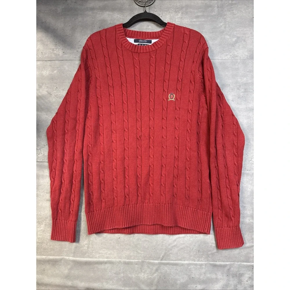 Vintage Tommy Hilfiger vibrant red cable-knit crewneck sweater Small Men's